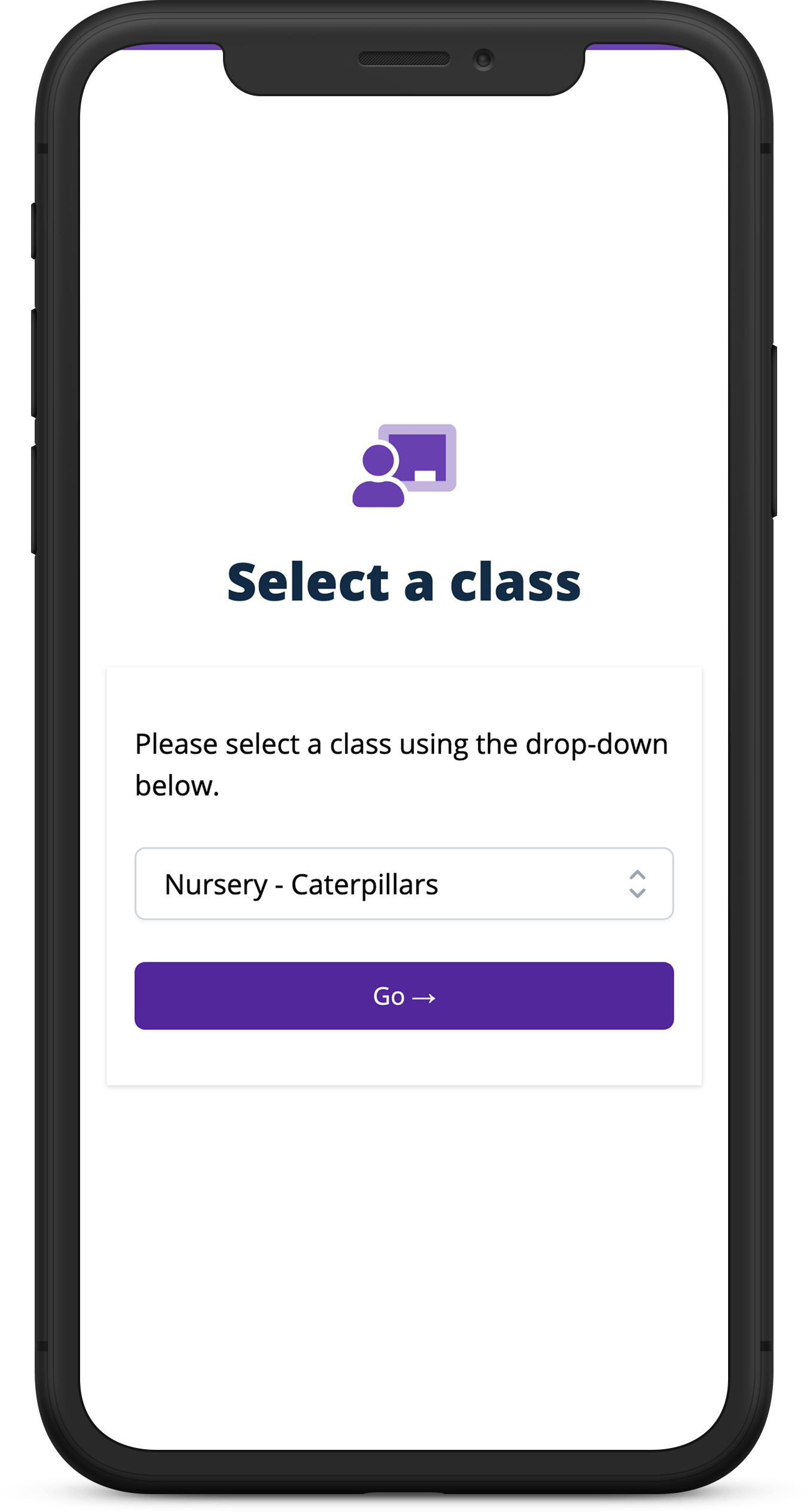 A picture of an iPhone showing the SchoolWork App on the 'Class Select' page