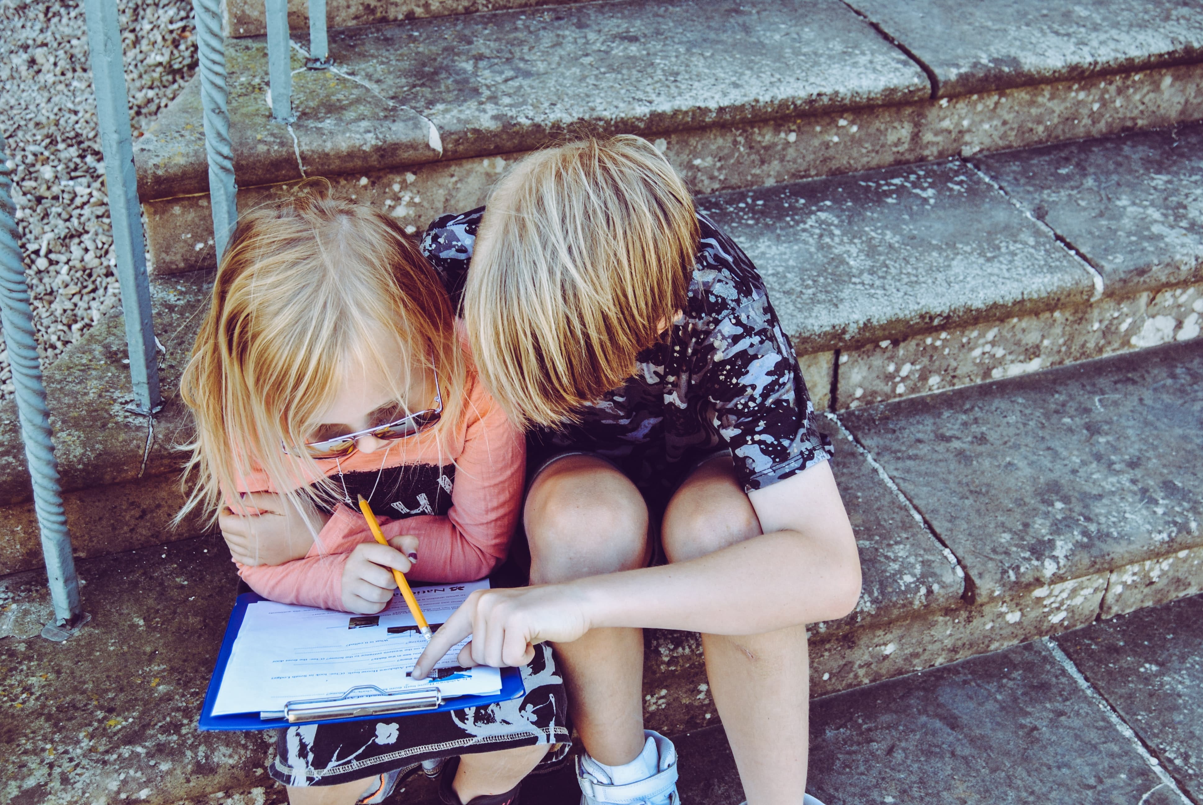 A photo of two children learning at home.